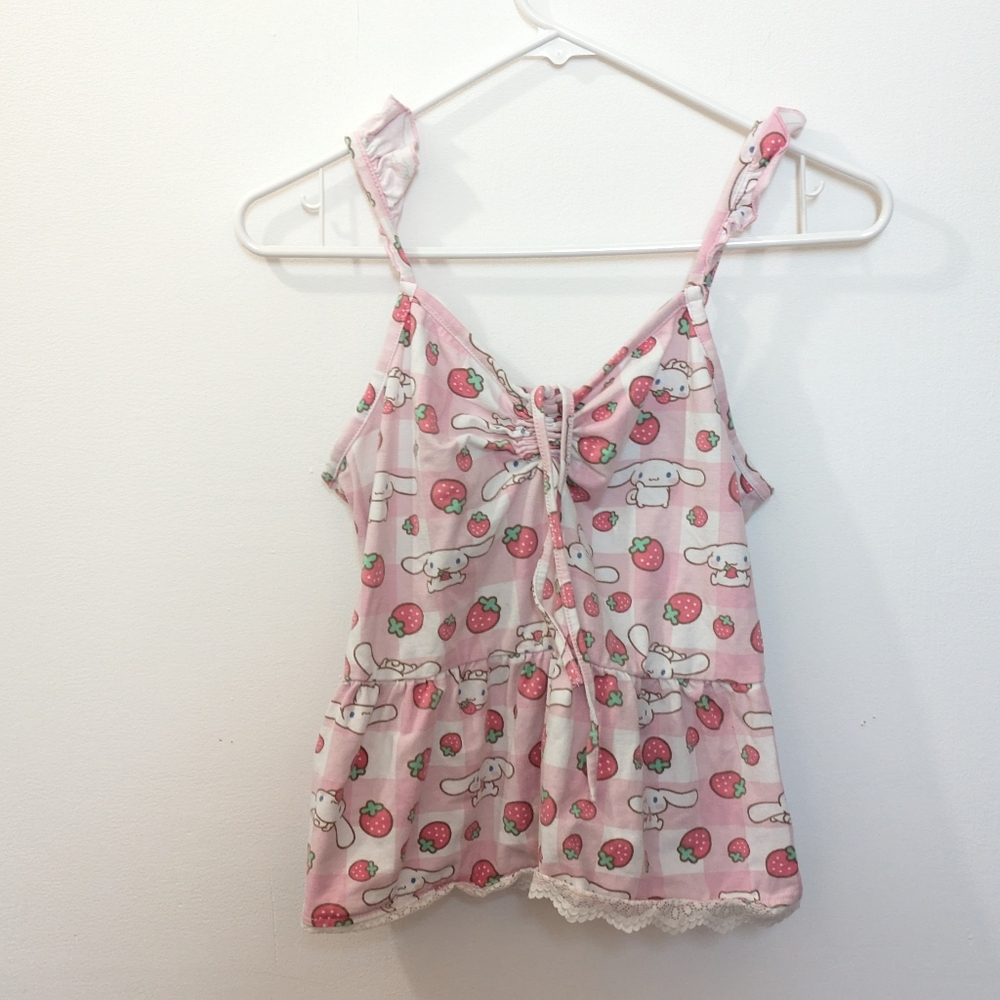 Sanrio Cinnamoroll Strawberry Gingham Peplum Cami Lace Trim Top Girls Juniors L